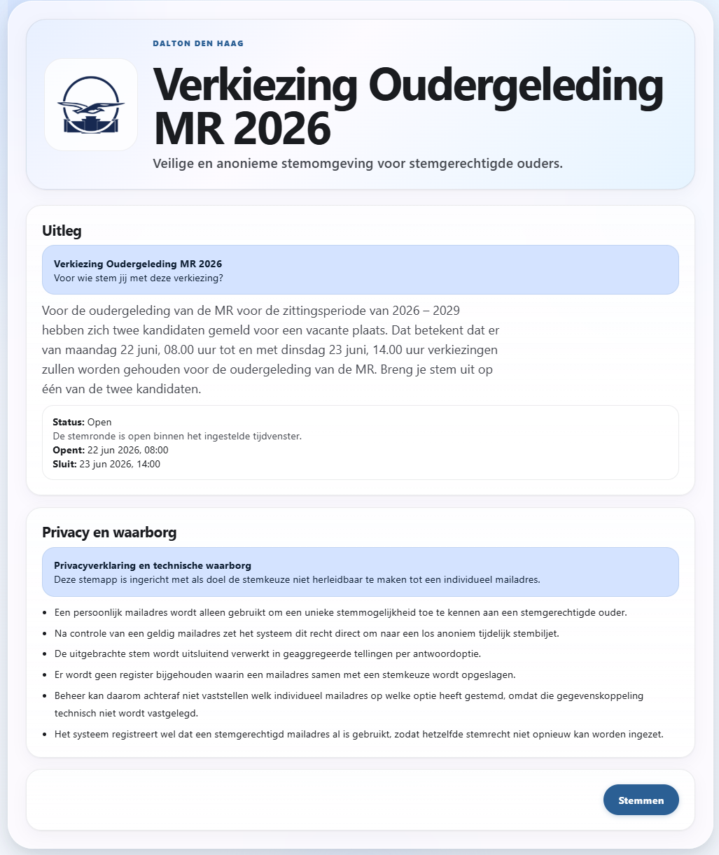 Hoofdpagina van de stemapp met uitleg en status